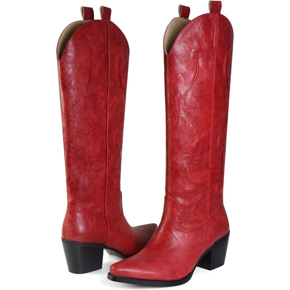 ⚡Women's Red Suede Embroidered Cowgirl Knee High Boot Pointed Toe Chunky Heel - Picture 3 of 5